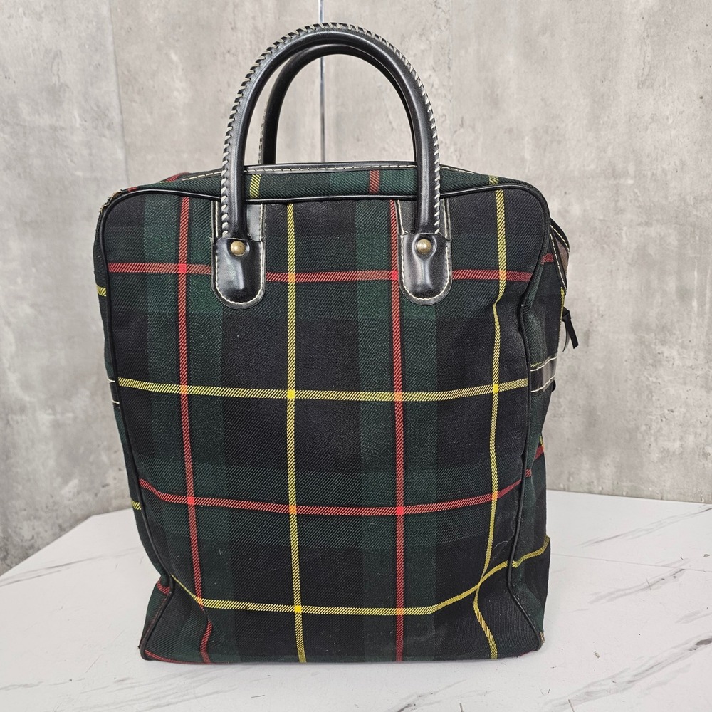 Vintage Tartan Plaid Travel Bag Overnight Tote Green Red Yellow Wood Bottom